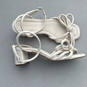 White Loeffler Randall Mikel leather bow mid-heel sandals. Sold out in 6.